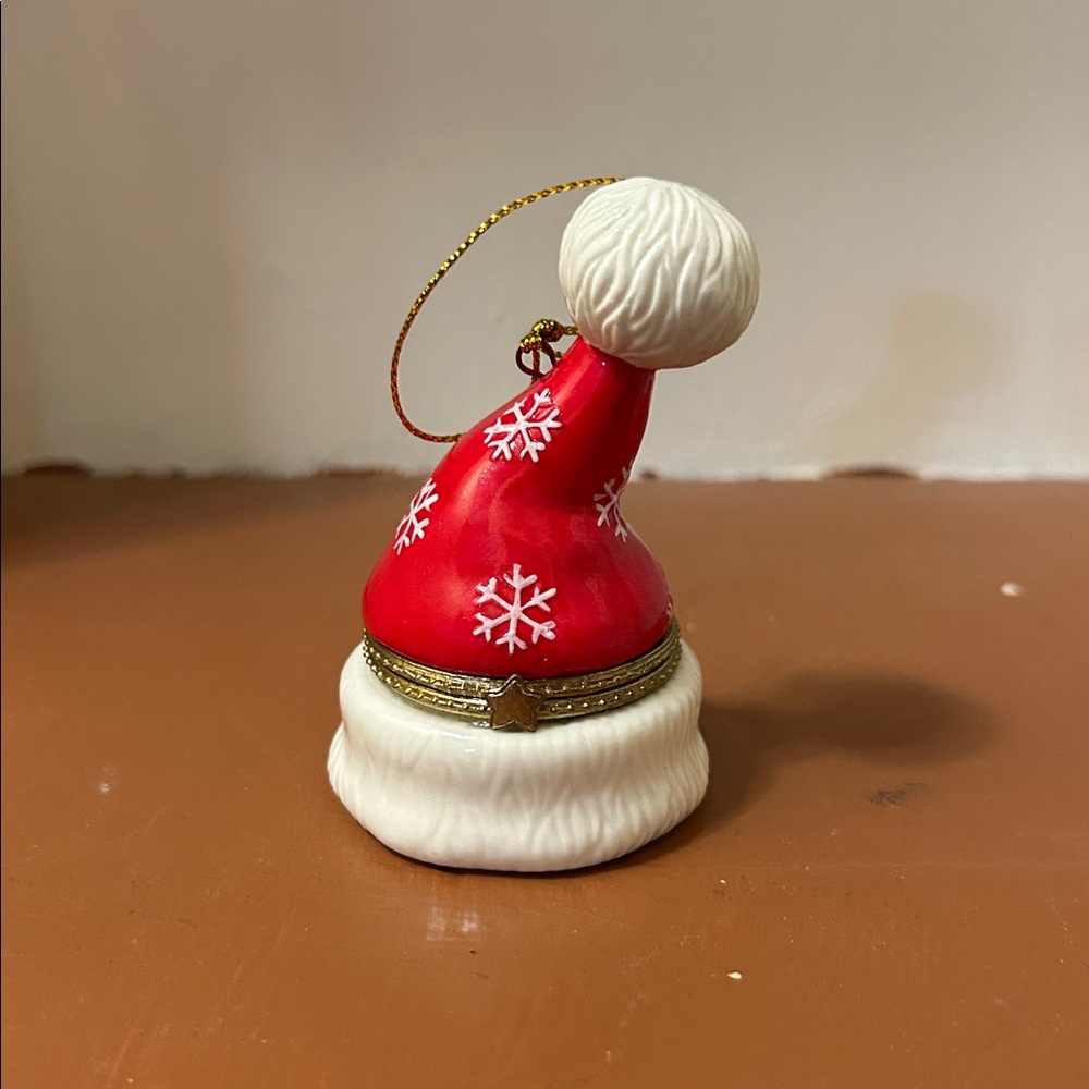 Red & White Santa Hat with Snowflakes Hinged Trinket Box Ornament -Porcelain - Picture 2 of 13